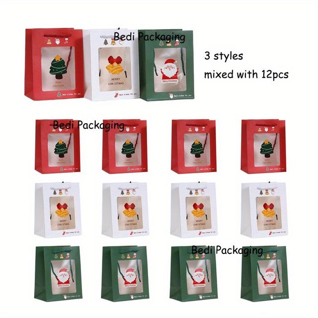 TEMU 12pcs Christmas Theme Gift Bags With Window, White Cardstock Material, Holiday Gift Bags, Handheld Tote Bag Featuring Christmas Tree And Santa Claus Designs, Transparent Window For A