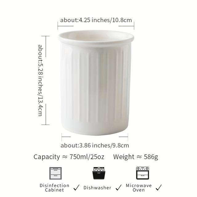 TEMU Large Ceramic Kitchen Utensil Holder - Elegant White With Ribbed Design, Forks, Knives, And Spoons, Stylish Tabletop Organizer For Modern Kitchens, Kitchen Utensil Holder