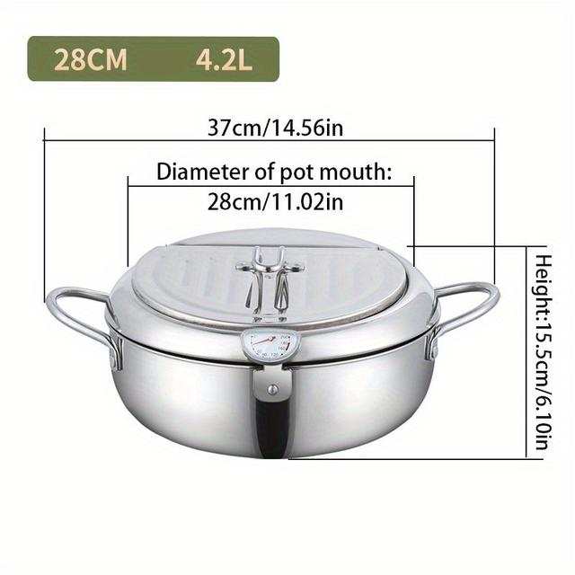 TEMU 1 stuk Roestvrijstalen Frituurpan, Feest-keukenaccessoires met Thermometer en Olie-opvangbakje, Japanse Koekenpan Met Deksel RVS Bakplaat, Gezonde Vetwater Scheiding