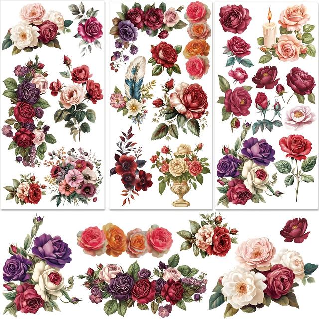 TEMU 3 Sheets Red Rose Rub On Transfers For Crafts And Furniture Vivid Rose Furniture Transfer Vintage Floral Transfers Sticker For Wood Furniture Journal Scrapbooking Home Decor 5.9x11.8 Inch