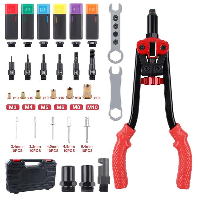 TEMU 3-in-1-Nut-Nut-Werkzeug-Kit mit 50 Nieten und 60 Nieten, Nietengewehr, professionelles Nieten-Kit mit 5 Nietenköpfen und 6 metrischen und SAE-, manuelles Nieten-Werkzeug, stabiler Koffer