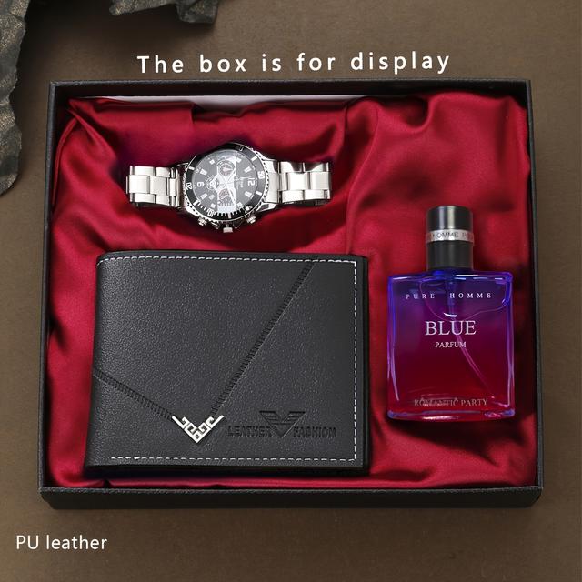 TEMU 3 قطع من ساعات الكوارتز الرائعة والمناسبة للرجال، حزام من سبائك الزنك، مع محفظة وبخاخ رائحة، لتزيين اليوم، هدية عيد الحب/رمضان