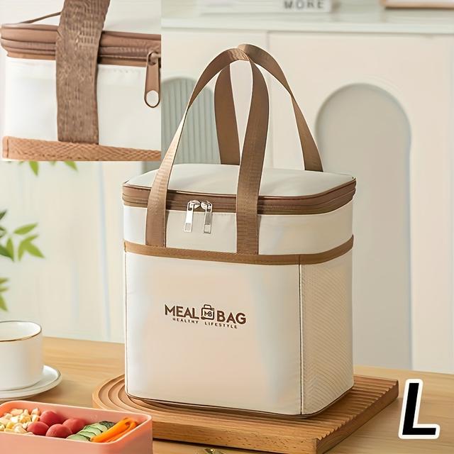TEMU Vintage-inspired Portable Meal Bag For Women - Beige & Brown Oxford Fabric, Insulated Zippered Tote With Large Capacity, Foldable Design For Daily Use, Meal Prep Bag