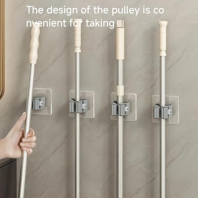 TEMU 4pcs Mop Rack Non-drilled Mop Clip Holder Wall-mounted Mop Hook Toilet Hanger Artifact Strong Storage Kitchen Organizer, Utility Hooks
