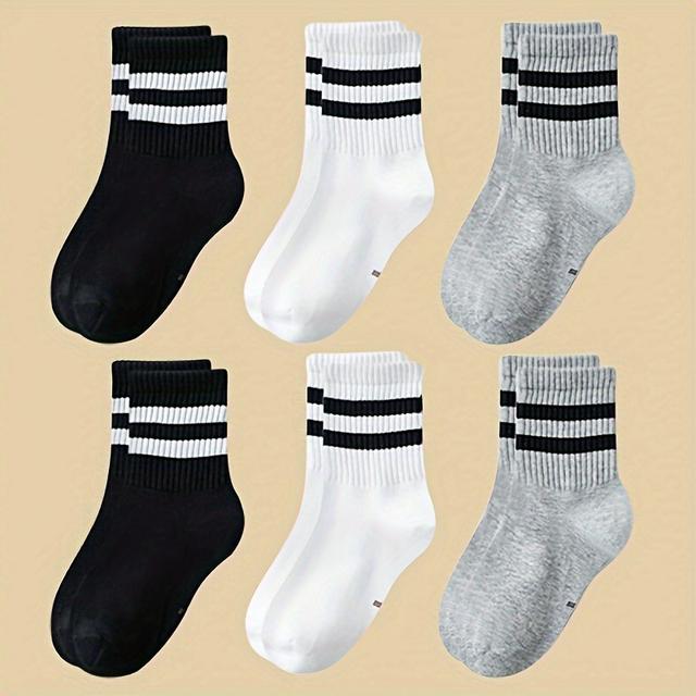 TEMU [6-pair Striped Kids Socks] 6-pack Kids Striped Crew Socks, 95% Polyester 5% Spandex, Knitted Stretchy Ankle Socks For Boys And Girls, All , Machine Washable - Black, White, Grey