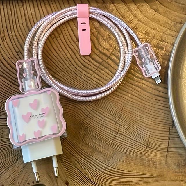 TEMU 5pcs/set Pink Heart Data Cable Protective Sleeve For Iphone European Standard For 25w Charger Protective Case Anti-break Anti-scratch Dirt-resistant