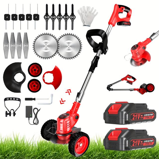 TEMU Electric Cordless Battery Powered 21v, 4-in-1 Brush Cutter/string Trimmer/grass Trimmer/lawn Mower, Lightweight Edger Trimmer With Wheel & Blade, 2 Battery