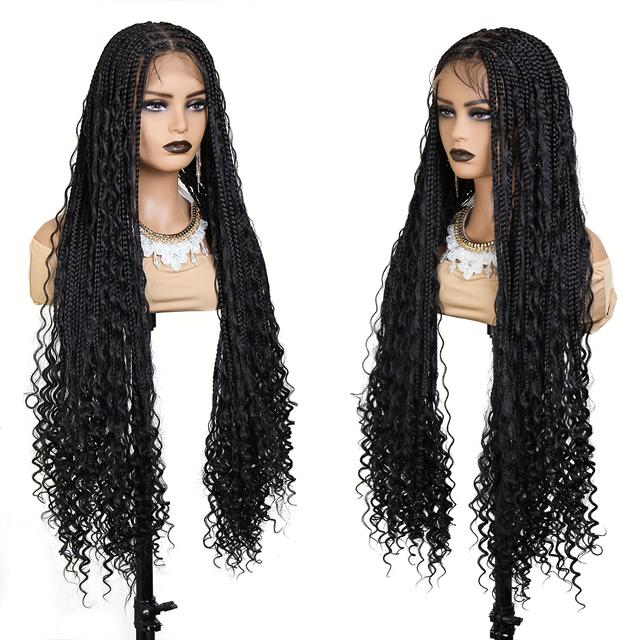 TEMU Braided Wigs For Women Box Braids With Boho Curls Wig Bohemian Braided Lace Front Wigs Halloween Wig Cosplay Wig For Halloween Party Full Double Lace Braid Wigs 48" Black Full Lace Hair Wigs