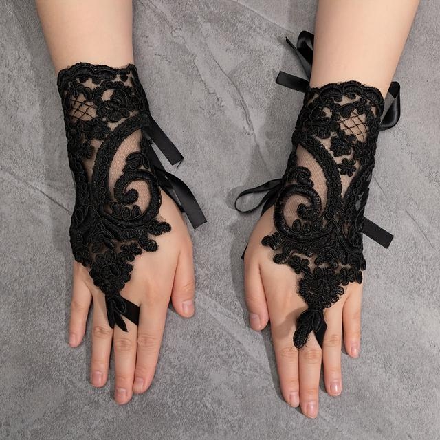 TEMU Guantes de Encaje Sin Dedos para Mujer - Bordado Floral con de Cinta en Muñeca Elástica, Accesorios para Fiestas y Bodas, Lavado a Mano/Limpieza , Decoración Intrincada