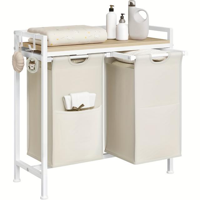 TEMU 1pc Estantería de baño, Cesta de ropa sucia 2 Compartimentos de ropa sucia con estante metálico Bolsa de ropa de tela extensible y extra«le Clasificador de ropa Contenedor de ropa