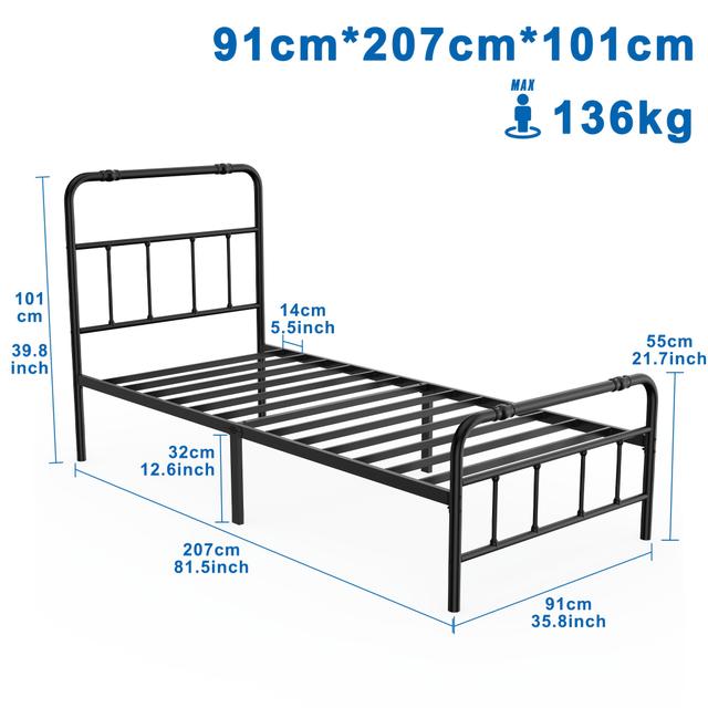 TEMU Contemporary Metal Bed Frame, Black Iron Single/double Bed With Headboard And Slatted Frame, No , Electricity-free, 90x140cm/160x200cm Options