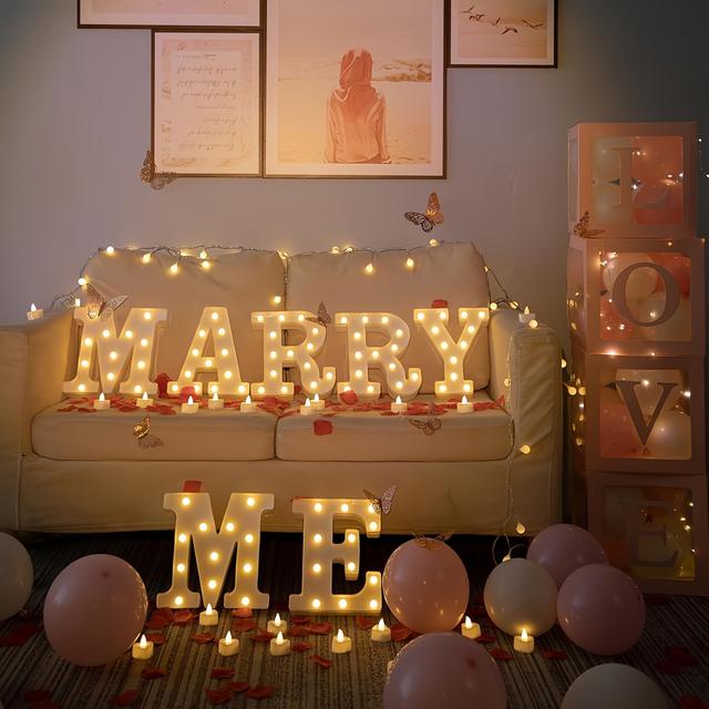 TEMU 7 Stück, große Buchstaben-Glühbirnen für mich, gib mir LED-Buchstabenlichter, gib mir die Zahlen, die einen romantischen Heiratsantrag , Hochzeitsschild, Verlobungsschild (MARRYME)
