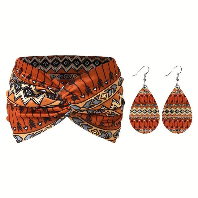 TEMU Juego de 2 piezas: ensanchada estampada de moda (1 pieza) y aretes (1 par) para mujer, juego de coletero y aretes, colorido, para uso diario