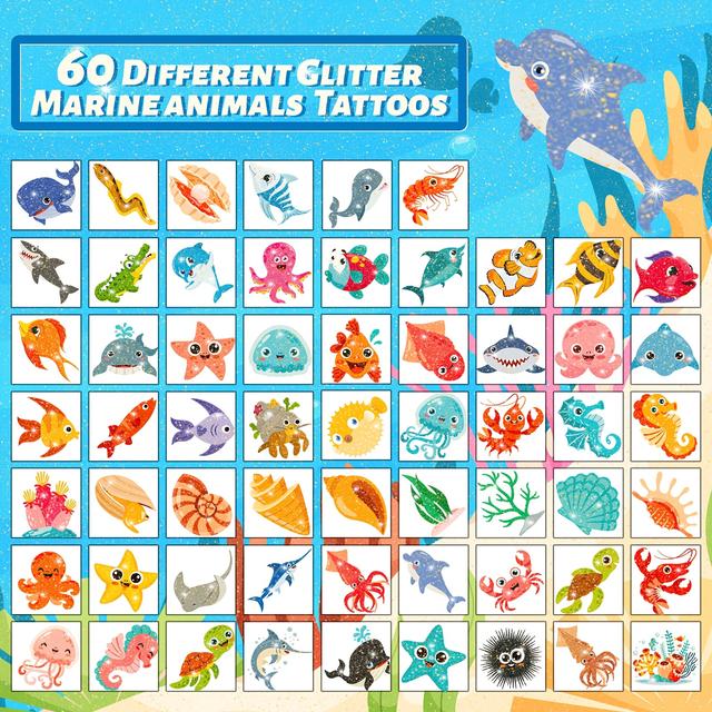TEMU 60 Pack Glitter Temporary Tattoos, Waterproof Paper, Cute Fish, , Sharks, , Shells, Ideal For Back-to-school Gift Bags, Spring Summer Temporary Tattoos, Sogayu Brand
