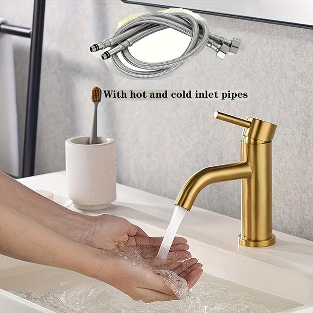 TEMU Robinet court courbé doré en acier inoxydable pour eau chaude et froide, idéal pour lavabos et lavements de salle de bain