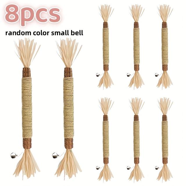 TEMU 8pcs Natural Sisal Cat Bite Sticks - Durable Teeth Cleaning Toys For Indoor Cats, Interactive Play Supplies, Material, No Battery Needed, Dental Health Care | Natural Sisal | Durable Fabric