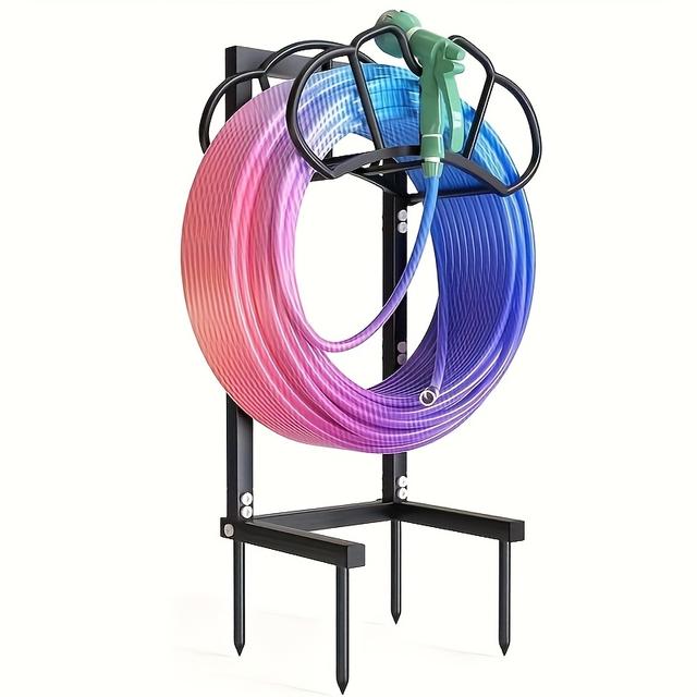 TEMU Free-standing Garden Hose Retainer, Heavy Duty Metal Hose Storage Rack, Removable Self-standing Hose Storage Rack, Suitable For Outdoor Yard Lawn Farm, Black