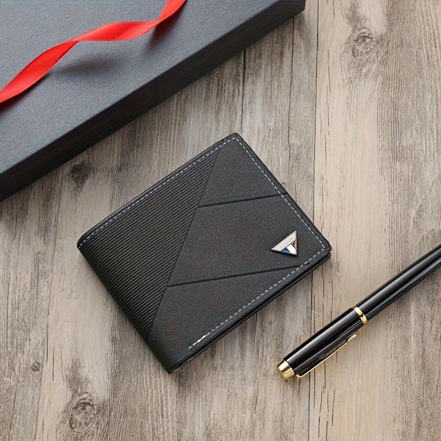 TEMU Men' Wallet, Short Business Card Holder, Soft Faux Leather, Large Capacity, Portable Credit Card Case, Gift For Men, Non-knitted, Black With Detail, Hand Wash Or