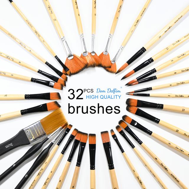 TEMU 32pcs Artist Series Paint Brushes | Nylon Bristles With Round, , Flat, Fan, Angle, Fine Detail Brush | Suitable For Artists And Beginners For Acrylic, Oil, Watercolor Painting | Brand: Giorgione