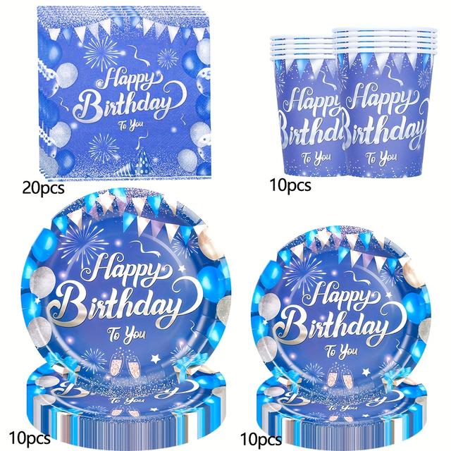 TEMU 50pcs Blue Birthday Party Tableware Set Navy Blue And Silvery Birthday Party Decorations Supplies For Men Women Party Dessert Plates Napkins Cups Christmas,new Year