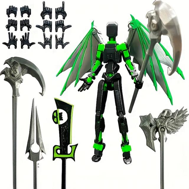 TEMU 3d Printed Collectible Demon Wings, Articulated Action Figures With Weapons, Suitable For Desktop Decoration And Gift Displays, In Black And Green