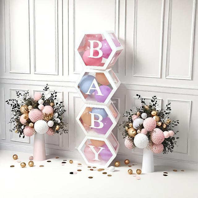 TEMU 4pcs Hexagonal Creative Balloon Decoration Box, Birthday Party Decoration, Gender Revelation, Scene Arrangement, Party Background, Best For Christmas