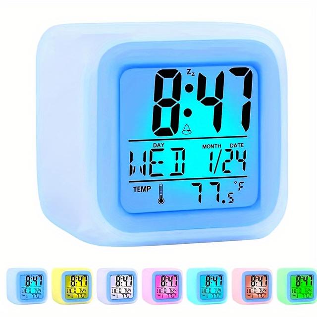TEMU 7-color Desktop Cube Digital Alarm Clock With Colorful Lights, Night Light, For Bedroom, Office, Home Decor (batteries Not Included)