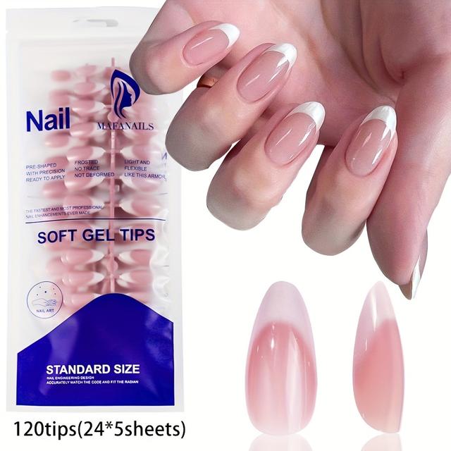 TEMU 120pcs Almond Nude Pink And White Press-on Nails, Medium-length Nail Art Tips