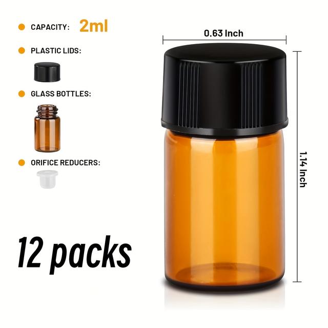 TEMU Pack Of 12 Amber Glass Bottles For Essential Oils, Each Holding 2 Ml (5/8 ), Complete With Reducers And Caps