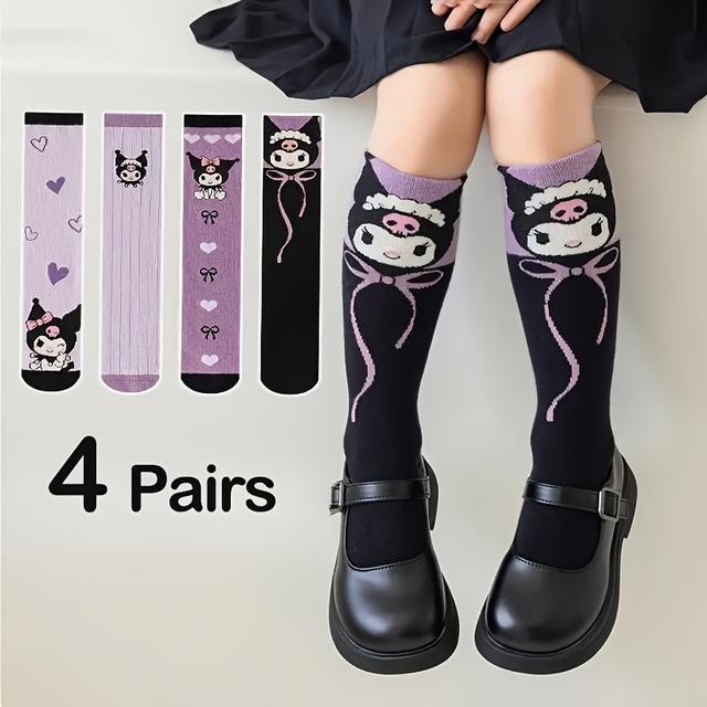 TEMU 4 Pairs Of Mid-calf Socks With Heart Bow, Purple, Simple And Versatile, Kuromi Girls' Socks
