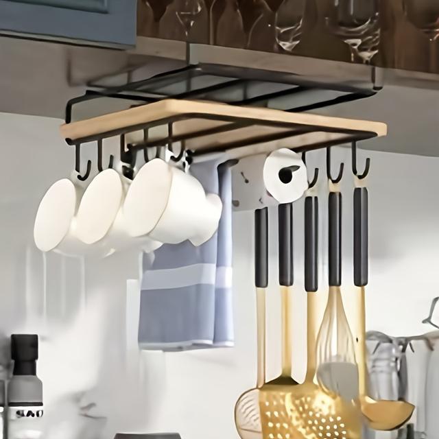 TEMU Kitchen Storage Rack With Cup Hooks, Paper Towel Holder And Cutlery Holder, Multifunctional Integrated Under-cabinet Hanging Storage Rack