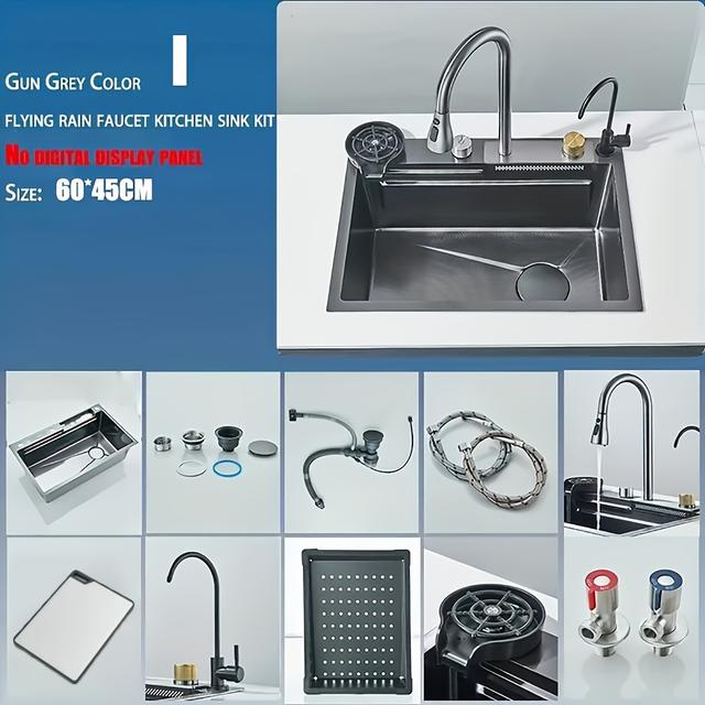 TEMU 23.6''*18'' Wasserfall-Küchenspüle, Einzelbecken-Einbauküchenspüle aus Edelstahl 304 mit Ausziehbarem Wasserhahn und Mehreren Zubehörteilen