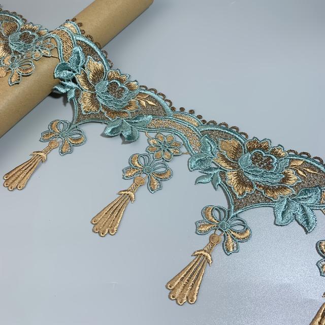 TEMU 59-inch Gouden Wateroplosbare Geborduurde Kwastjes Gestreepte Kant - Versierd met Blauw-Groene Accenten, Geschikt voor Gordijnen, Kleding en Huisdecoratie Stof