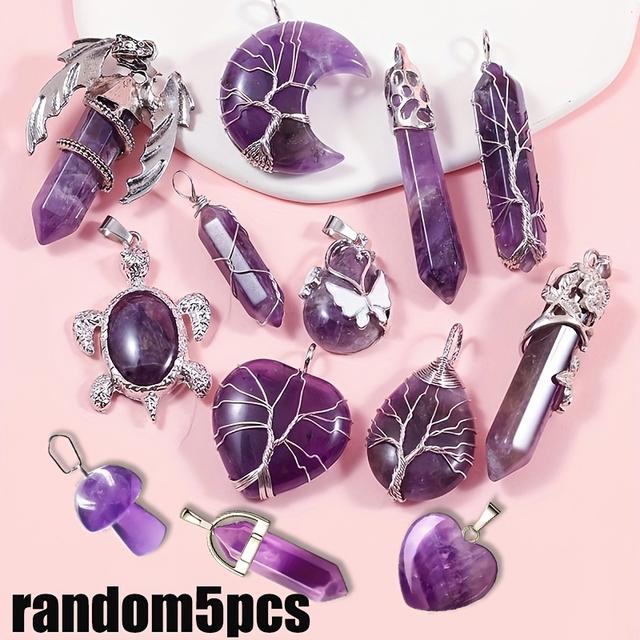 TEMU 5pcs Amethyst Gemstone Pendants - Heart & Turtle Moon Charms For Making, Wedding Anniversary Christmas Gifts For Women, Love-themed Party With Random Amethyst Stones (birth Necklace/s Bracelet)