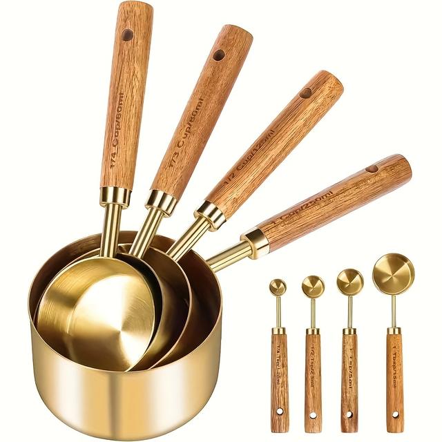 TEMU 8pcs Joolkos Stainless Steel Measuring Cups And Spoons Set, Acacia Wood Handle, For Dry And Liquid Ingredients, Baking Tools Diy, Seasoning Spoon