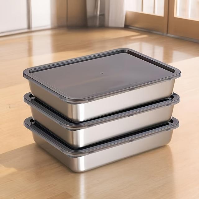 TEMU Set Of 3 Stainless Steel Black Lid Storage Containers