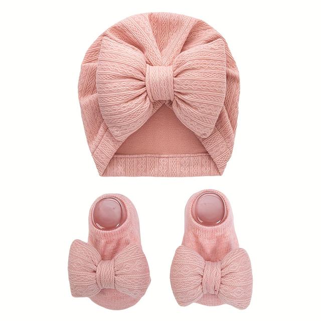 TEMU 2pcs/set Baby Hats&socks Set Large Puff Bows Girls Beanies Caps 0-12m Non-slip Short Sock Infant Newborn Turban Headwraps Photography Props