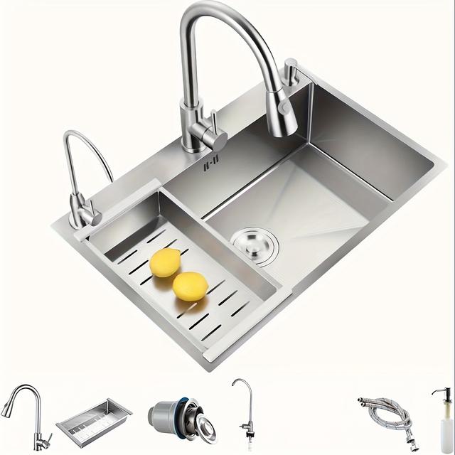 TEMU Suministro de Cocina: Fregadero de Acero Inoxidable Plateado, Cubeta Única para Cocinas, Apartamentos y Bares con Accesorios, Color Plata