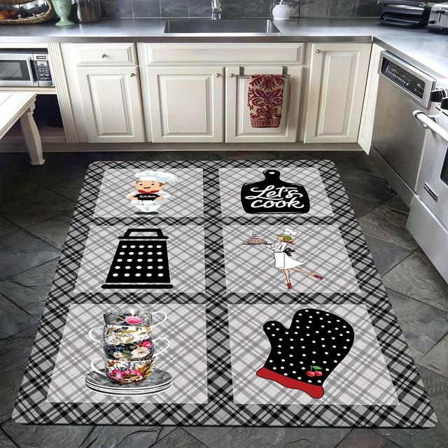TEMU 1pc Non-slip Kitchen Floor Mat - Soft Flannel Gray Plaid Design With Cooking Graphics, 480gsm 1cm Thick Rectangular Mat For Kitchen & Living Room, Kitchen Rugs