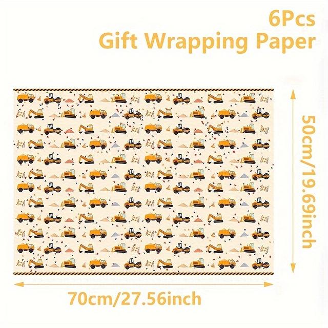 TEMU 6er-Pack Geschenkpapier zum Thema Baumaschinen, verschiedene Designs von Baumaschinen, hochwertige Geschenkverpackung für Geburtstage und Babypartys, festliche Dekoration für Partyzubehör