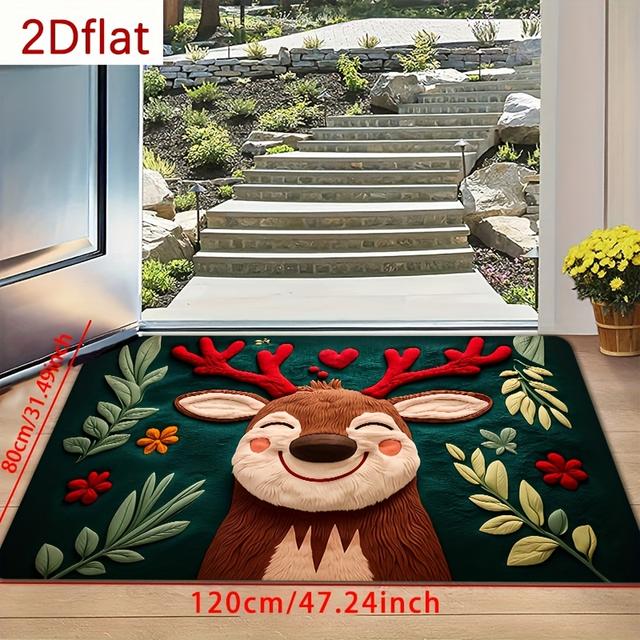 TEMU 3D 종이 컷 스타일 사슴 일러스트 현관 매트, 2D 평면 인쇄, 플러시 소재, 두께 1.2Cm, 미끄럼 방지, 세탁기 사용 가능, 거실, 침실, 주방, 사무실, 실내 및 실외 현관 매트, 방 장식에 적합