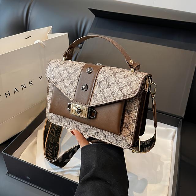 TEMU Classic Retro Style Shoulder Square Bag, Elegant Textured Top Handle Satchel Bag For Wo