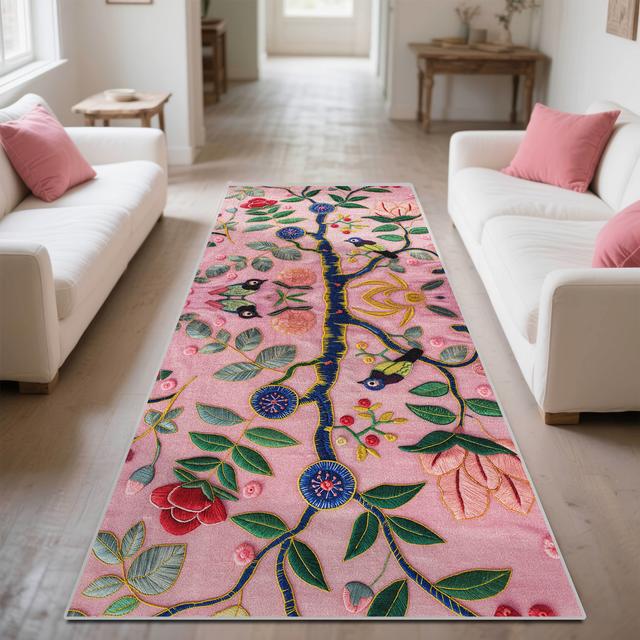 TEMU [] 1pc, Pink Background Tree Pattern Decoration Extra-long Carpet, Machine Washable Comfortable Outdoor Courtyard Aisle Carpet, To Clean Bedroom Kitchen Decorative Carpet