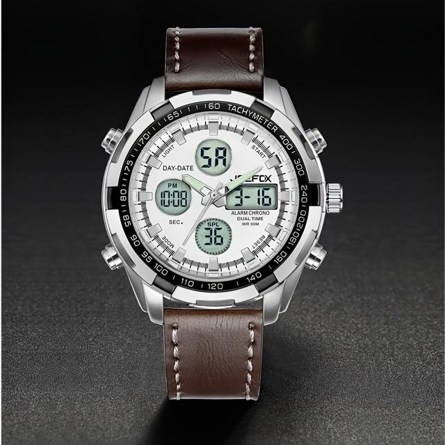 TEMU Men's Watch Featuring An Elegant Sports Design, Equipped With A Faux Leather Band, Luminous Display, Alarm Function, And Dual