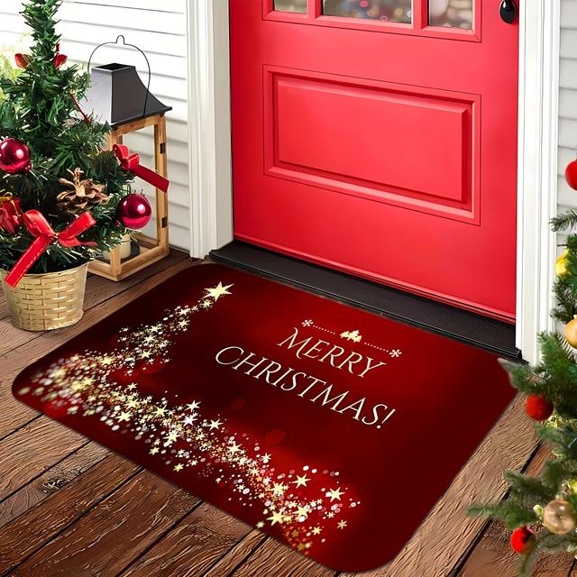 TEMU 1pc Festive Christmas Welcome Mat - Non-slip, Machine Washable Polyester Mat With & Snowflake Design, Living Room, Bedroom, Kitchen, Office, Or Decor, Christmas