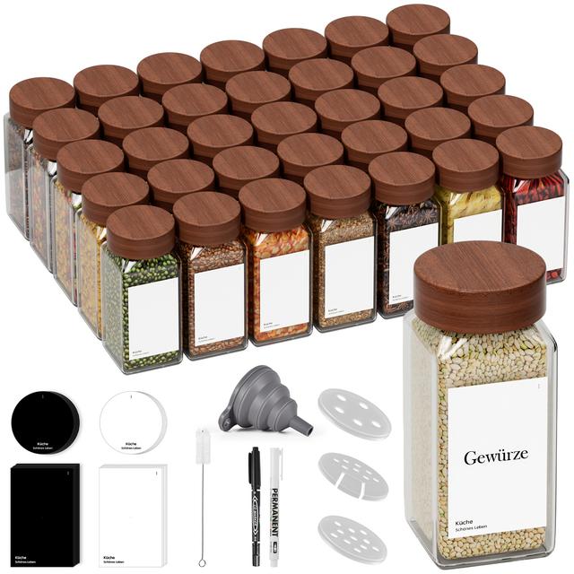 TEMU Miorkly Square Gewürzgläser (35er-Set), 120 ml Gewürzgläser mit Deckel (Akazienholz, Edelstahl und Aluminium), Gewürzregal mit Gewürzetiketten auf den Gläsern, zum Aufbewahren von Gewürzen