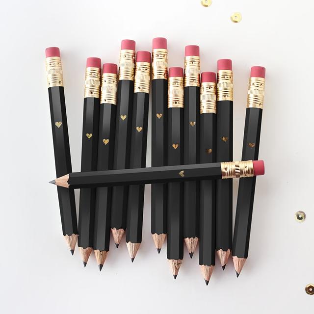 TEMU 25pcs Elegant Black & Heart Mini Pencils - With Red Eraser, Ideal For Bridal, Shower, Golf, Wedding Favors, Wedding Stationery | Heart Motif Pencil | Wooden Pencil