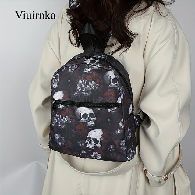 TEMU Halloween Theme Gothic Floral Punk Backpack For Women, Nylon Material Bag With Adjustable Shoulder Straps