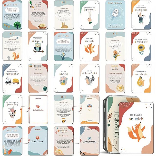 TEMU 40 Affirmationskarten für Kinder, Achtsamkeitskarten für Kinder inkl. Metallbox, Motivationskarten für Gefühle, Selbstliebe, Mut Dankbarkeit, Geschenke zum Schulstart für Jungen Mädchen