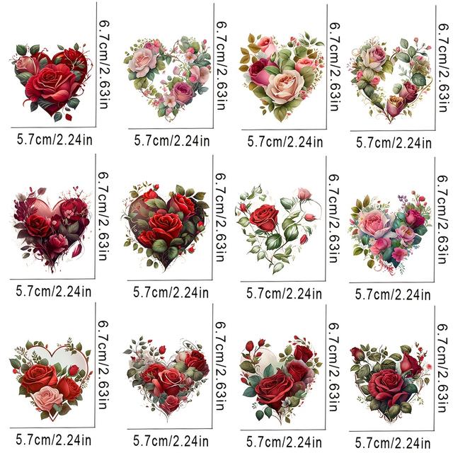 TEMU 12pcs Floral Heart Uv Dtf Wrap Decals - Self-adhesive Transfer Paper For Mugs, Tumblers, Bottles & Diy Crafts, Pvc Material, Romantic Rose & Flower Designs, School Supplies & Art Projects